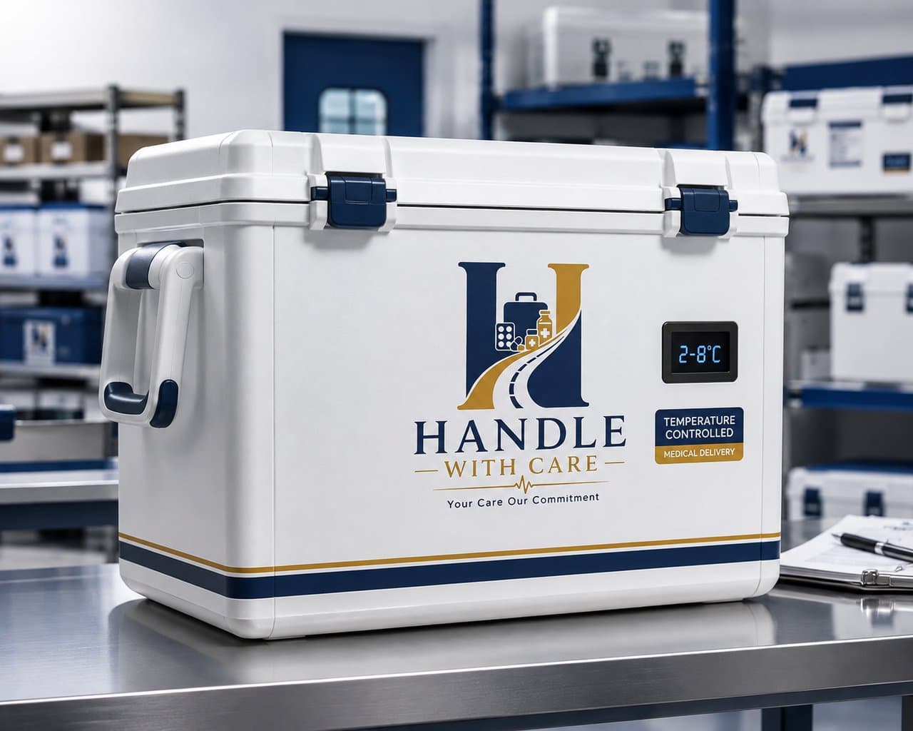 Branded Handle With Care temperature-controlled medical transport cooler with digital display