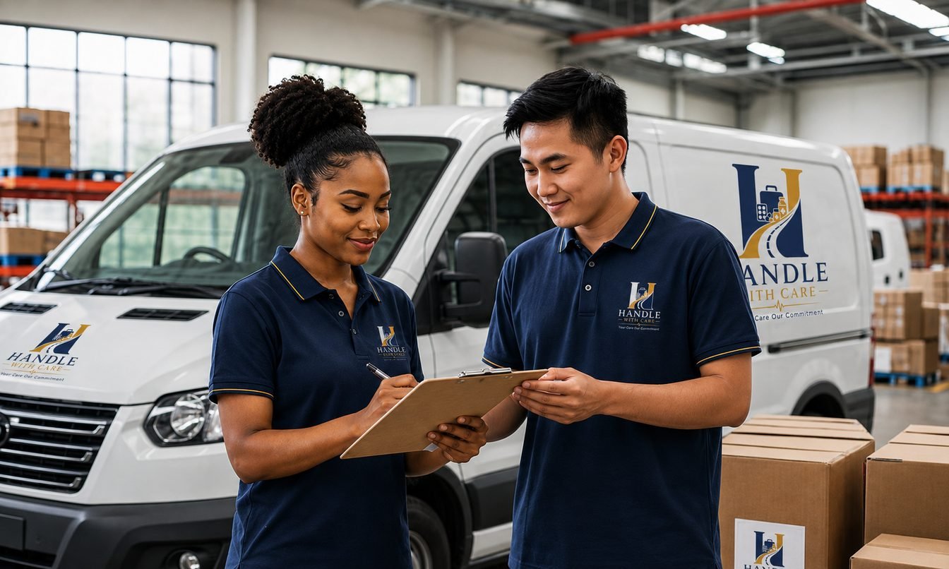 Handle With Care medical logistics team reviewing a delivery manifest beside a branded delivery van
